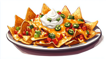 Illustration of nachos served on a plate, topped with melted cheese and a dollop of sour cream.

