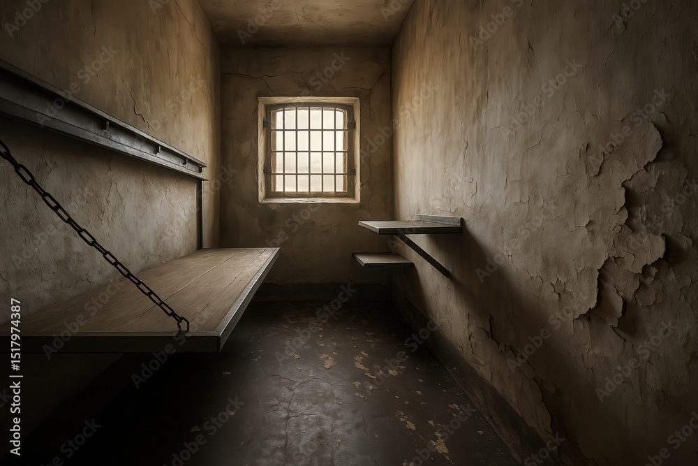 Poster small concrete cell with two bunk beds, one of which is empty, and window with bars on it.