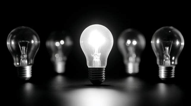 Close-up of illuminated bulb among unlit bulbs, symbolizing ideas, innovation, and standing out from the crowd