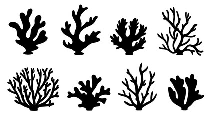 Seaweed silhouettes, coral black icon. Abstract organic shape, underwater plant, matisse element, cute sea doodle.