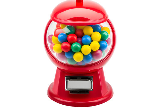 Classic red gumball machine filled with colorful treats on a dark background