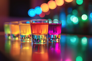 Trendy image of diverse liquor shots in row, captured with glowing bar decor and moody shadows, ideal for social, event and drink menu designs