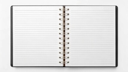 An open, spiral-bound notebook with clean, horizontally lined pages lies flat on a pristine white background. The elegant metal spiral binding is visible, and the notebook has a dark brown or black 