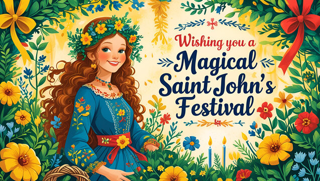 Greeting card in traditional style for Saint John's Festival (Jonines, Saint John's Day, folk festival celebrated on June 24 around