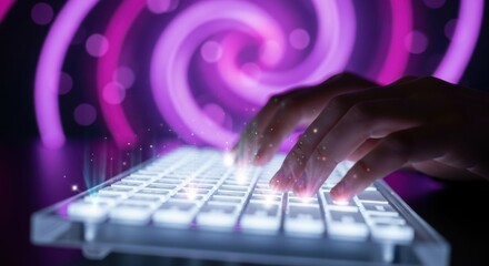 Hands typing on a glowing transparent keyboard with abstract purple technology background