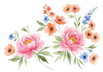 Watercolor floral arrangement with pink orange and blue flowers on a black background.
