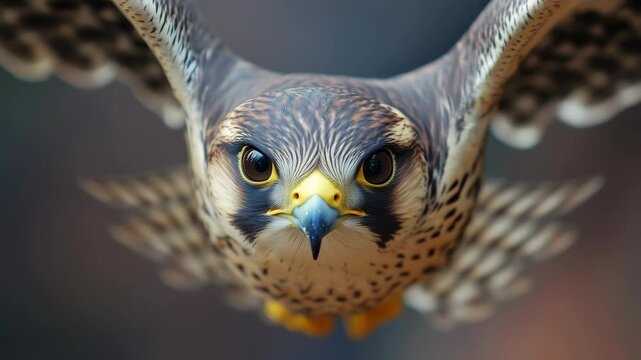 Peregrine falcon in flight, showcasing powerful wings and keen eyesight used for hunting.