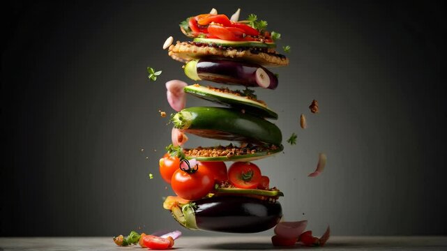 Colorful vegetables stacked elegantly in an artistic display with flying ingredients against a dark background