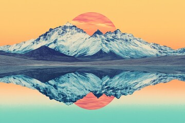 Surreal landscape of snow-capped mountains reflected in a calm lake under a vibrant sunset.