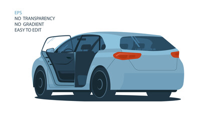Car with open door. 3\4 view from the rear. Vector illustration.