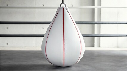 A pristine white, teardrop-shaped speed bag with striking vertical red stripes hangs centrally in a boxing ring, ready for precision training