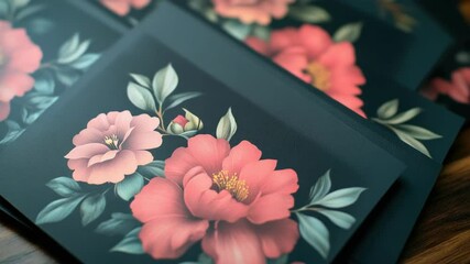 Set of colorful, vintage floral-patterned greeting cards with a single red rose . Perfect for personalized messages or creative stationery.