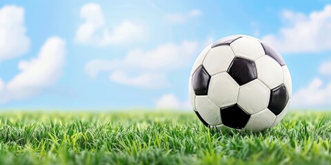 Fototapeta premium Soccer ball rests on vibrant green grass under bright blue sky with fluffy clouds, banner, copy space