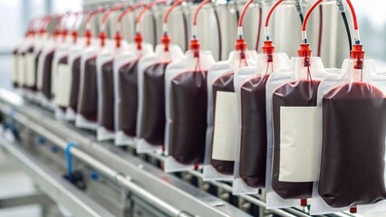 Bags of donated blood hang in a row at a modern blood bank or medical facility, ready for storage or transfusion