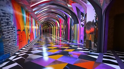 Vibrant hallway with colorful murals and geometric patterns, leading to a mysterious doorway - Powered by Adobe
