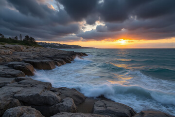 Obraz premium view of the ocean from a rocky shoreline