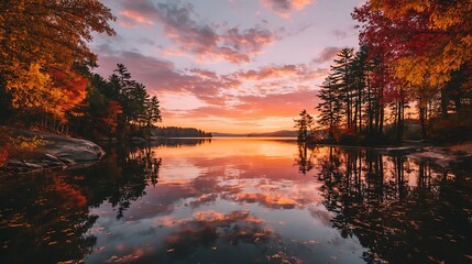 A Stunning Autumn Sunset Reflected in the Calm Waters of a Lake