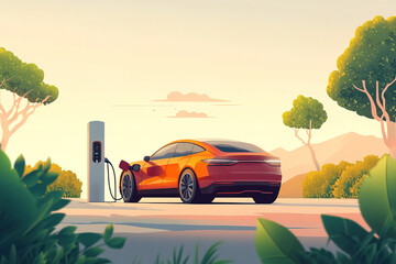 illustration plugged in electric vehicle and greenery, offering fresh, eco friendly visual for clean technology projects, energy conservation topics and environmental awareness