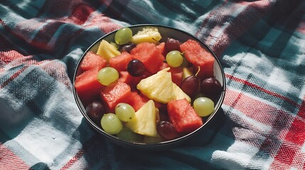 Colorful and Refreshing Fruit Salad Bowl on a Plaid Blanket