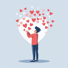 Flat style illustration of a person receiving a shower of likes and hearts, symbolizing online popularity, social media engagement, and digital validation. AI generated illustration.