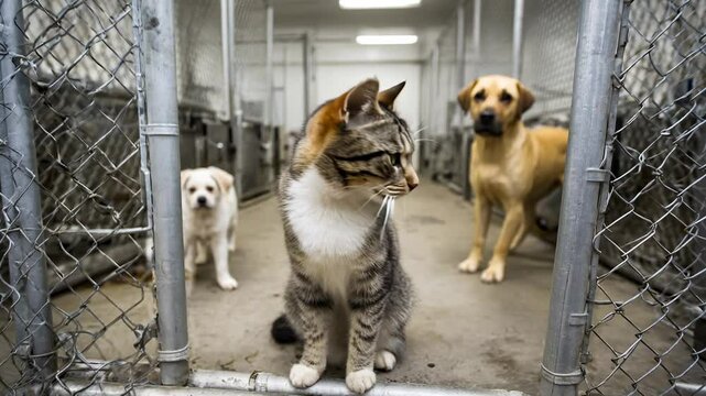 Cat and dogs inside animal shelter kennel looking out through fencing, waiting for adoption and care