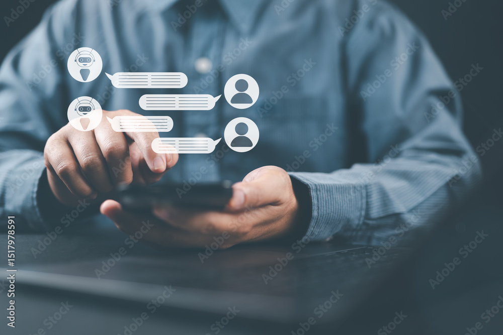 Poster businessman working digital chatbot application artificial intelligence at home for online customer 