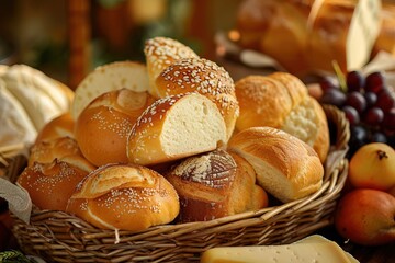 Close-up photo of assorted freshly baked bread rolls placed in rustic basket, surrounded by gourmet cheese and fresh fruits