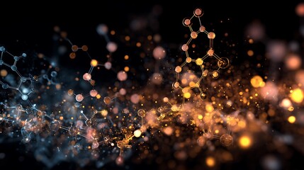Abstract Depiction of Molecular Structures with Luminous Particles Creating a Dynamic and Complex Composition