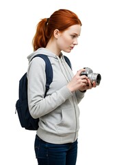 Young Woman with Backpack Holding a Camera, Waiting with Anticipation