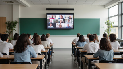 In modern classroom, students are engaged virtual learning session, attentively watching screen displaying multiple participants. atmosphere