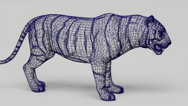 3D wireframe model of a tiger showcasing its structure against a neutral background
