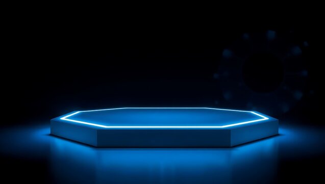 Futuristic blue neon octagon platform display