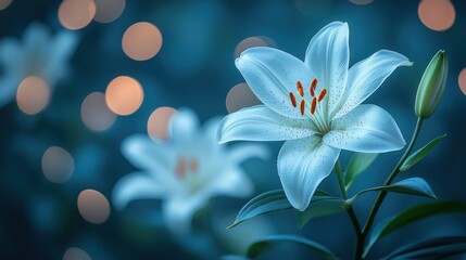 Fototapeta premium Soft-focus white lilies in a teal-toned background