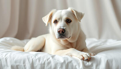 Obraz premium white labrador retriever lying on bed