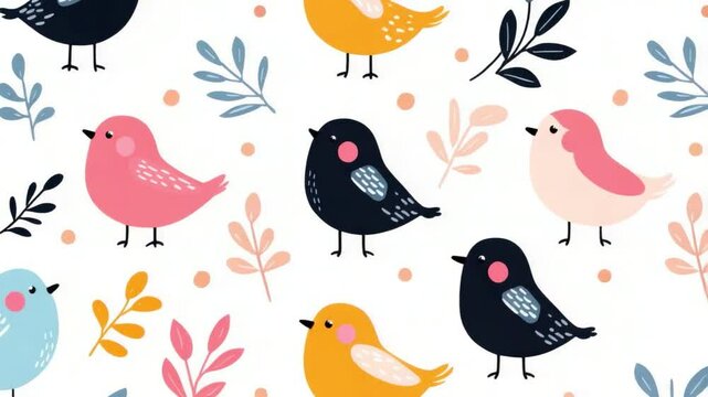 Whimsical Birds and Floral Shapes Pattern for Playful Background or Fabric Design 4k video footage