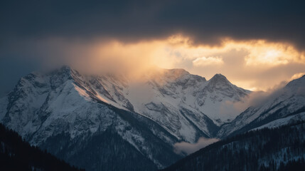 Majestic mountains under dramatic sky, showcasing snow capped peaks and soft clouds illuminated by sunset. serene and breathtaking landscape