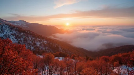 Breathtaking autumn landscape with vibrant orange foliage, mountains, and stunning sunset over sea of clouds. Nature beauty captivates soul © Jari.art
