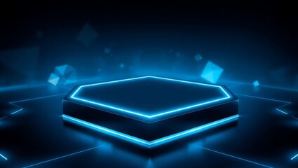 Futuristic hexagon platform neon blue glow dark background