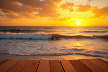 wooden table sitting on top of a beach next to the ocean