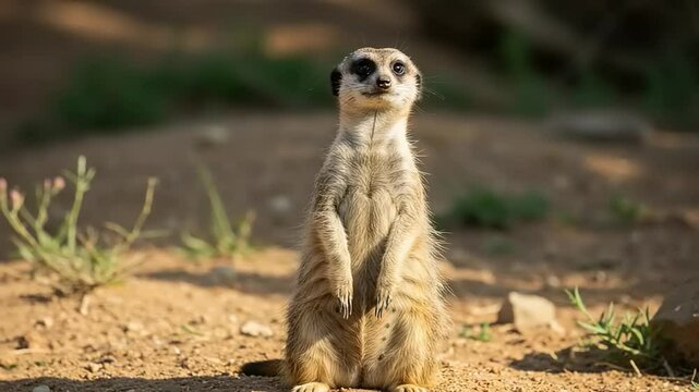 A curious meerkat stands upright on a sandy terrain, surrounded by greenery and rocks