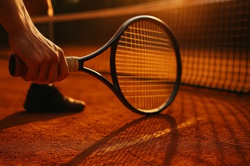 A close-up image of a clay tennis court that captures the atmosphere of the game with vivid detail. The warm, earthy tones of the terracotta surface, combined with elements like a racket, a tennis net