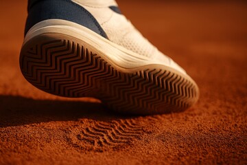A close-up image of a clay tennis court that captures the atmosphere of the game with vivid detail. The warm, earthy tones of the terracotta surface, combined with elements like a racket, a tennis net