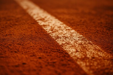 A close-up image of a clay tennis court that captures the atmosphere of the game with vivid detail. The warm, earthy tones of the terracotta surface, combined with elements like a racket, a tennis net