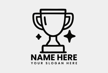 Minimalist black outline trophy icon with sparkling stars, symbolizing achievement and success. Business concept