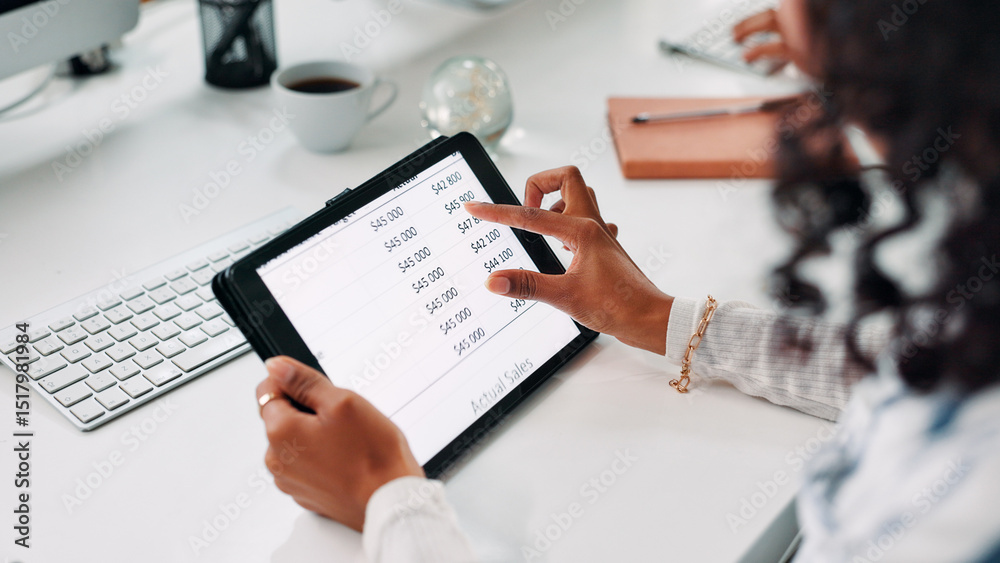 Fototapete online, screen and hands with tablet, office and checking performance of sales for financial growth.