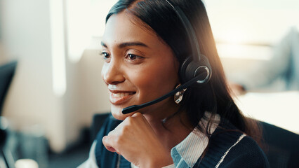 Call center, smile and woman with headset, telemarketing and talking to contact for lead generation. Business, representative and person with tech for sales, conversation and happy for consultation