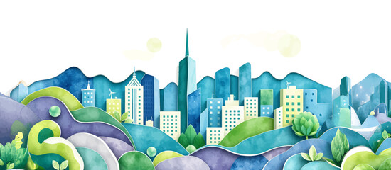 Watercolor Style Vector Illustration of a Beautiful City Park with Skyscrapers in the Background on a Sunny Spring Day.