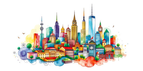Modern City Skyline at Sunset and Night – Urban Silhouette Panorama in Watercolor and Flat Vector Style.