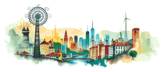 Watercolor Style Vector Illustration of a Beautiful City Park with Skyscrapers in the Background on a Sunny Spring Day.