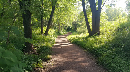 Obraz premium Sun-Dappled Pathway through Verdant Woodland in the Quiet of Morning